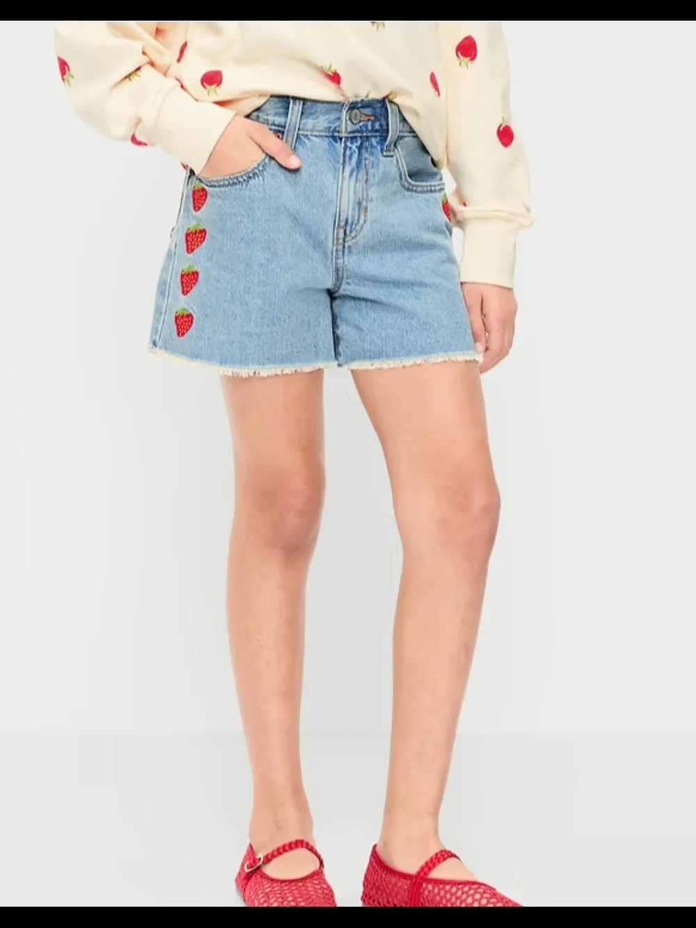Old Navy Denim Strawberry Embroidered High-Rise Girls Shorts Light Blue 14